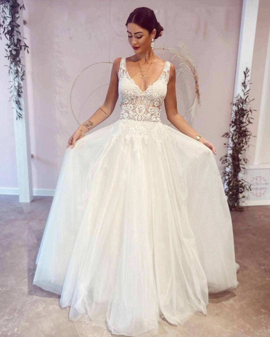 Elegant A-Line Deep V-Neck Backless Wedding Dress with Lace Appliques BM bride