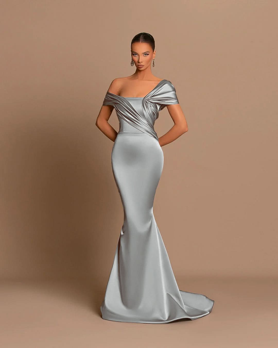 Grey Off-The-Shoulder Evening Dress Bateau Pleated Ball Gown BM bride