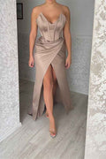 Chic Strapless Sleeveless V Neck Mermaid Long Split Prom Dress With Pleated