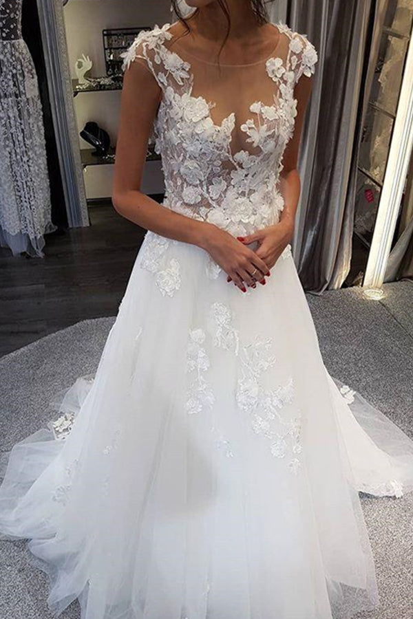 Graceful White Lace Long Wedding Dress with Appliques BM bride