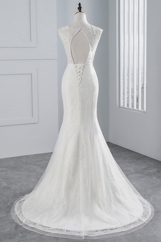 Jewel Neck Sleeveless Long Mermaid Wedding Dress with Tulle Lace Appliques BM bride