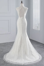 Jewel Neck Sleeveless Long Mermaid Wedding Dress with Tulle Lace Appliques BM bride