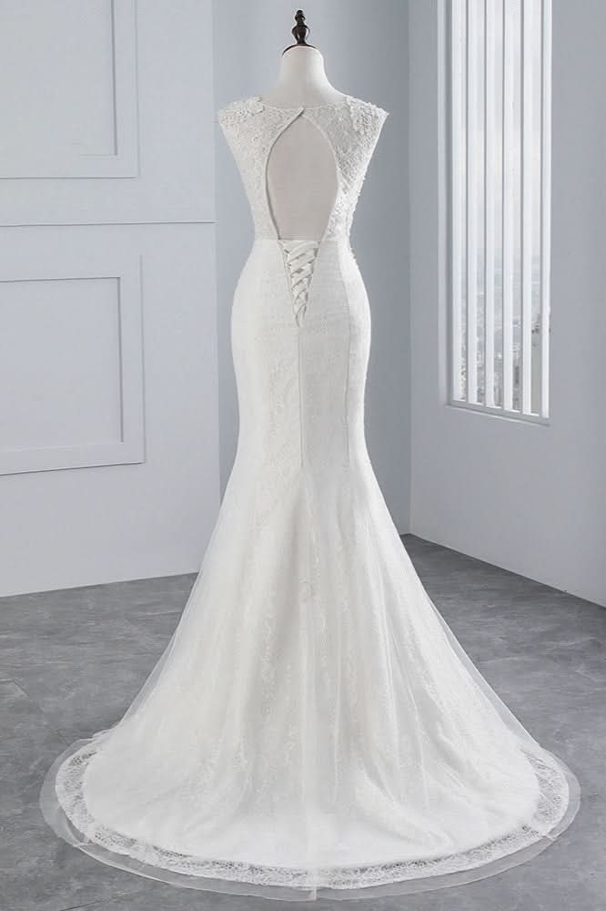 Jewel Neck Sleeveless Long Mermaid Wedding Dress with Tulle Lace Appliques BM bride