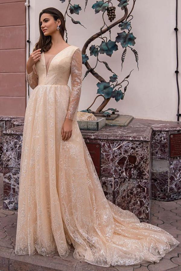 Glitter Long A-Line V-Neck Wedding Dress with Sleeves BM bride