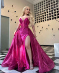 Stunning Hot Pink Sweetheart Sleeveless Split Sequins Prom Dress With Ruffles