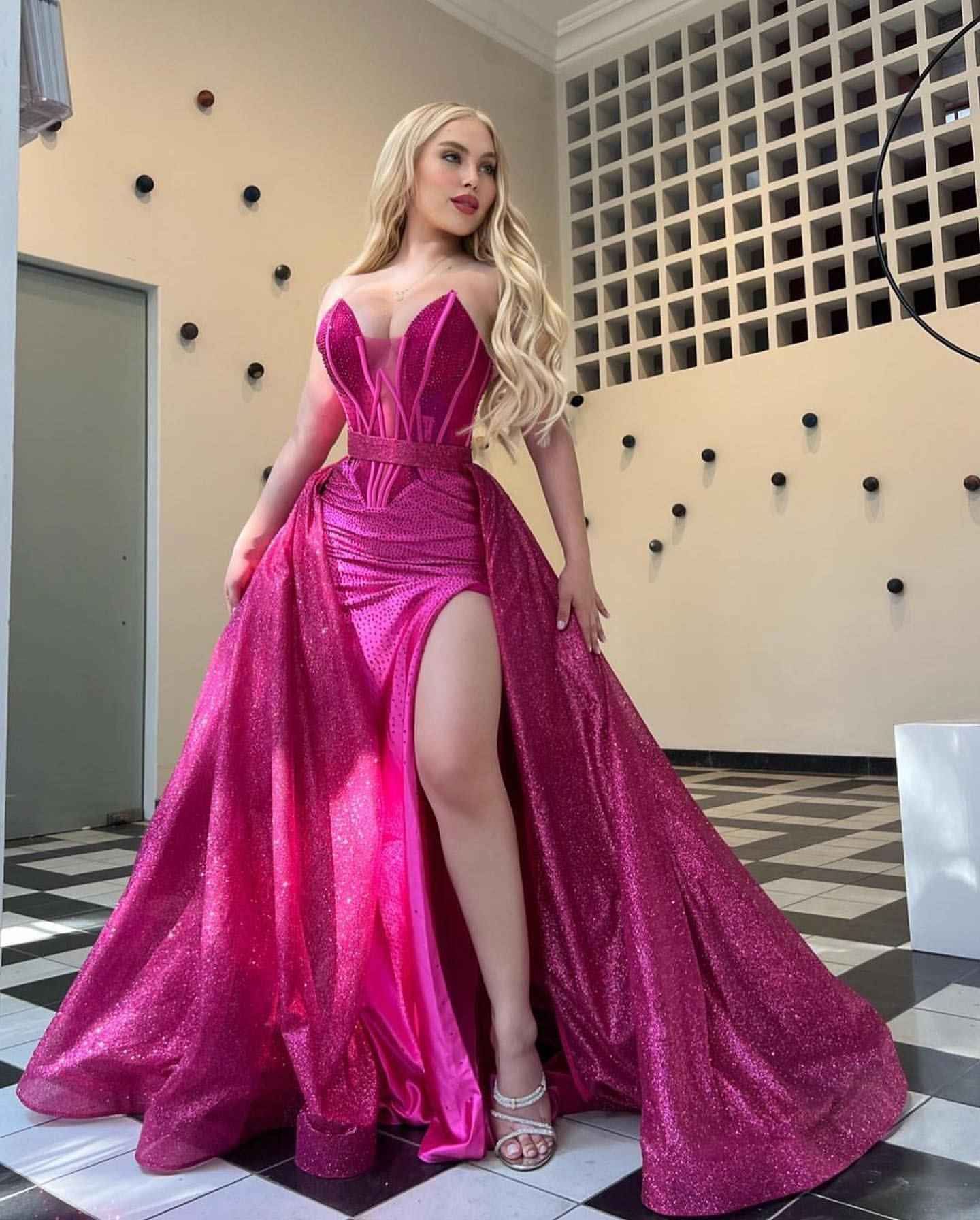 Stunning Hot Pink Sweetheart Sleeveless Split Sequins Prom Dress With Ruffles