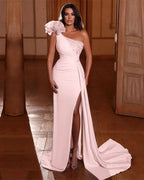 Lavender One Shoulder Beadings Split Mermaid Prom Dress Ruffles BM bride