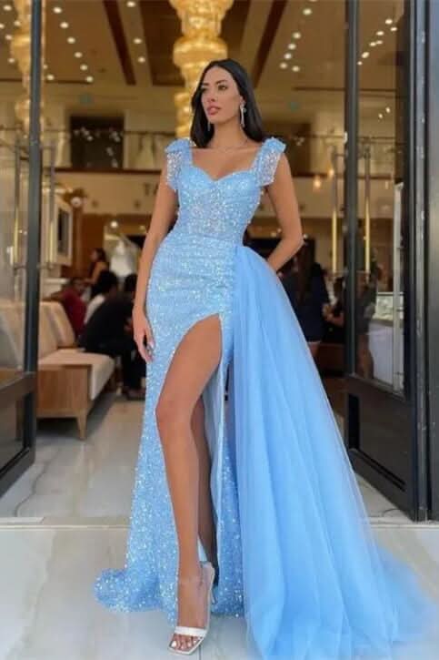 Vintage Sky Blue Sweetheart Straps Sequins Slit Mermaid Evening Dress Tulle with Detachable Ruffles BM bride