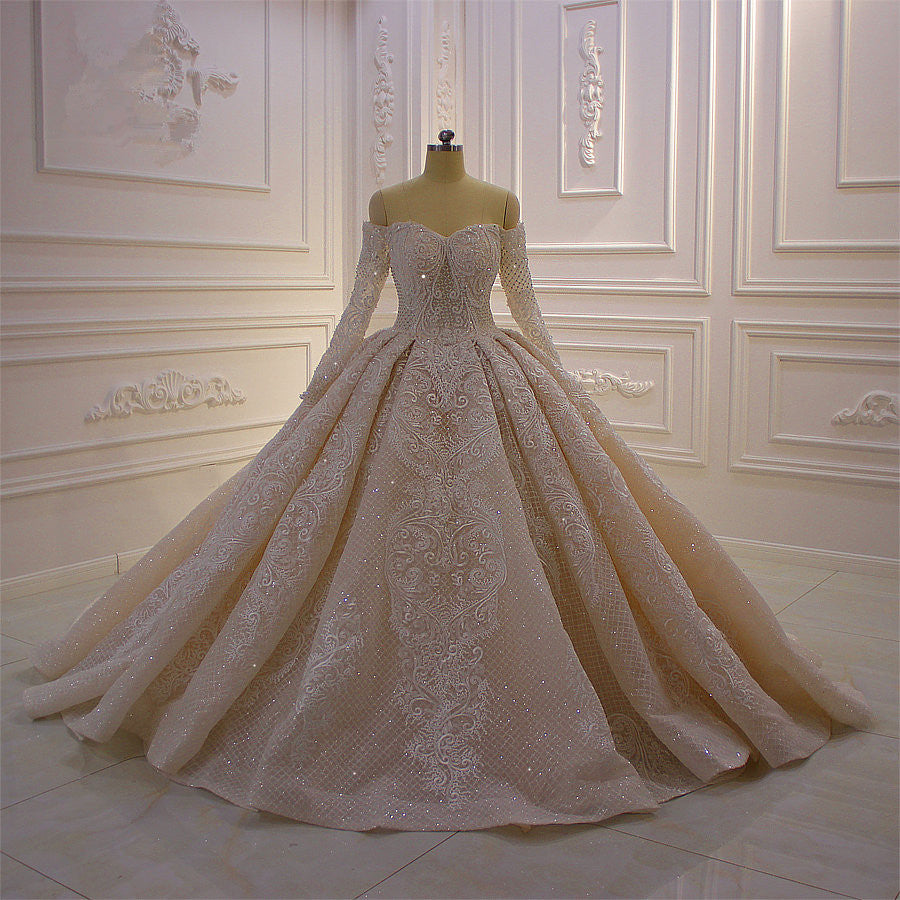 Off-the-Shoulder Long Sleeve Ball Gown Wedding Dress with Lace Appliques BM bride
