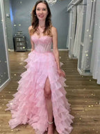 Pink Strapless Tiered Ruffles Lace Appliqu¡§|s Corset Prom Dress with Slit