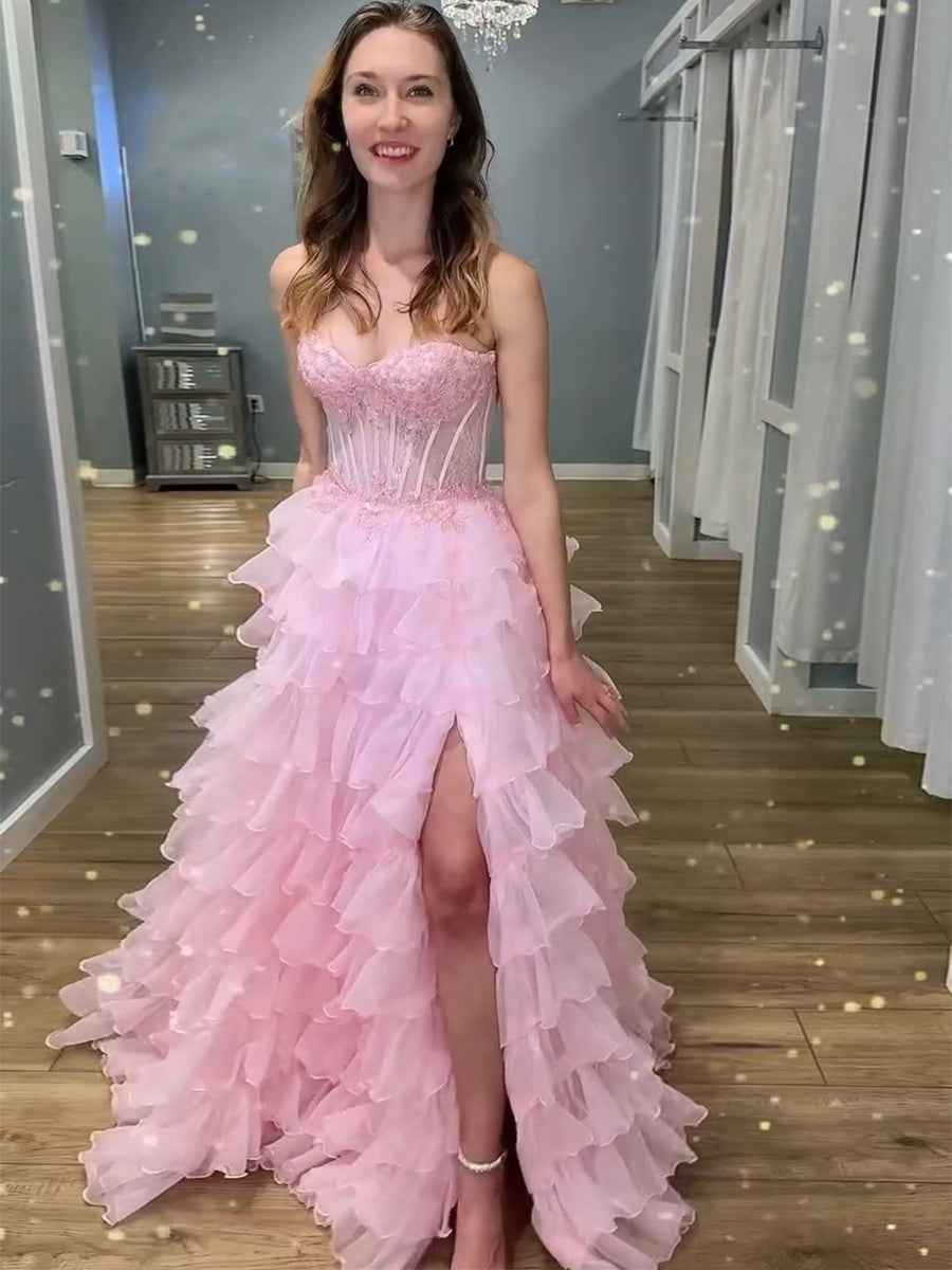 Pink Strapless Tiered Ruffles Lace Appliqu¡§|s Corset Prom Dress with Slit