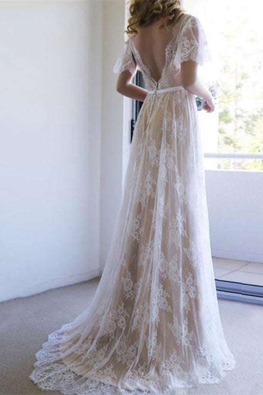 Short Sleeve Lace Boho Wedding Dress BM bride