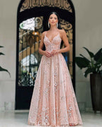 Elegant V Neck Spaghetti Strap Lace Embroidered Appliques Prom Dress