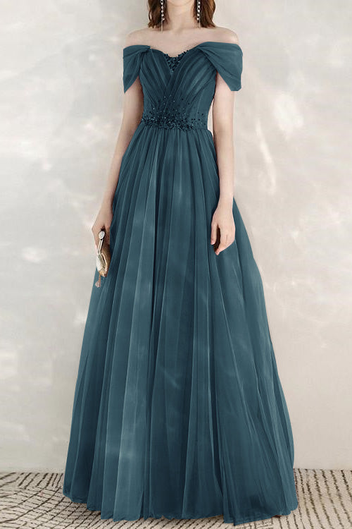 Elegant Infinity Tulle Off the Shoulder Sweetheart Long Prom Dress With Sequins BMBRIDE