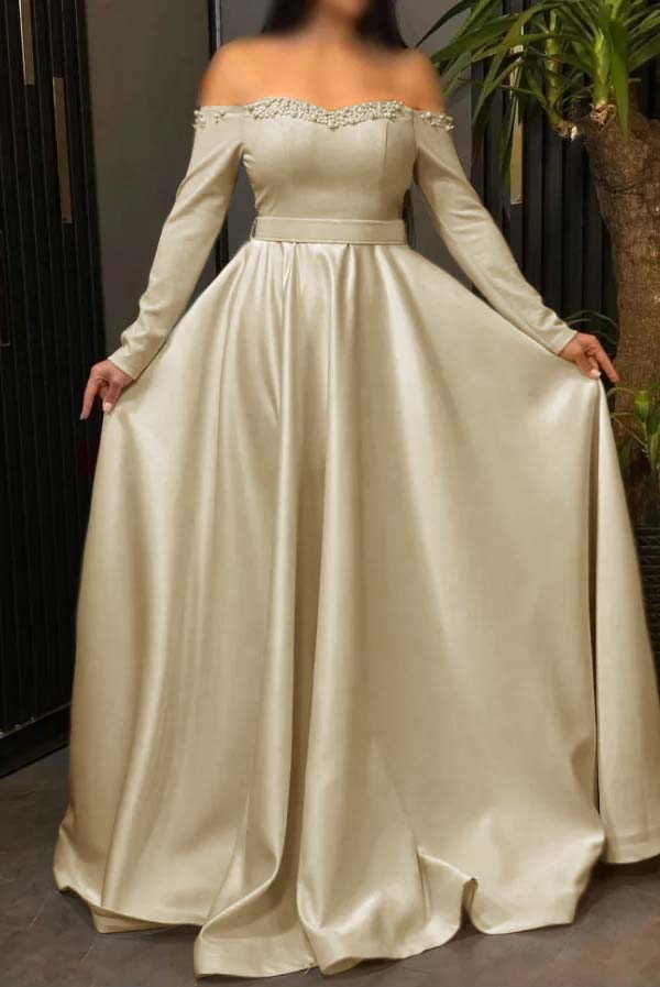 Off the Shoulder Long Sleeves Long Prom Dress With Pleated Beading BMBRIDE