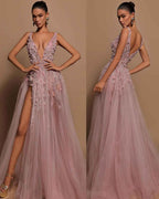 Gorgeous Tulle Straps V Neck Sleeveless High Split Prom Dress with Beadings