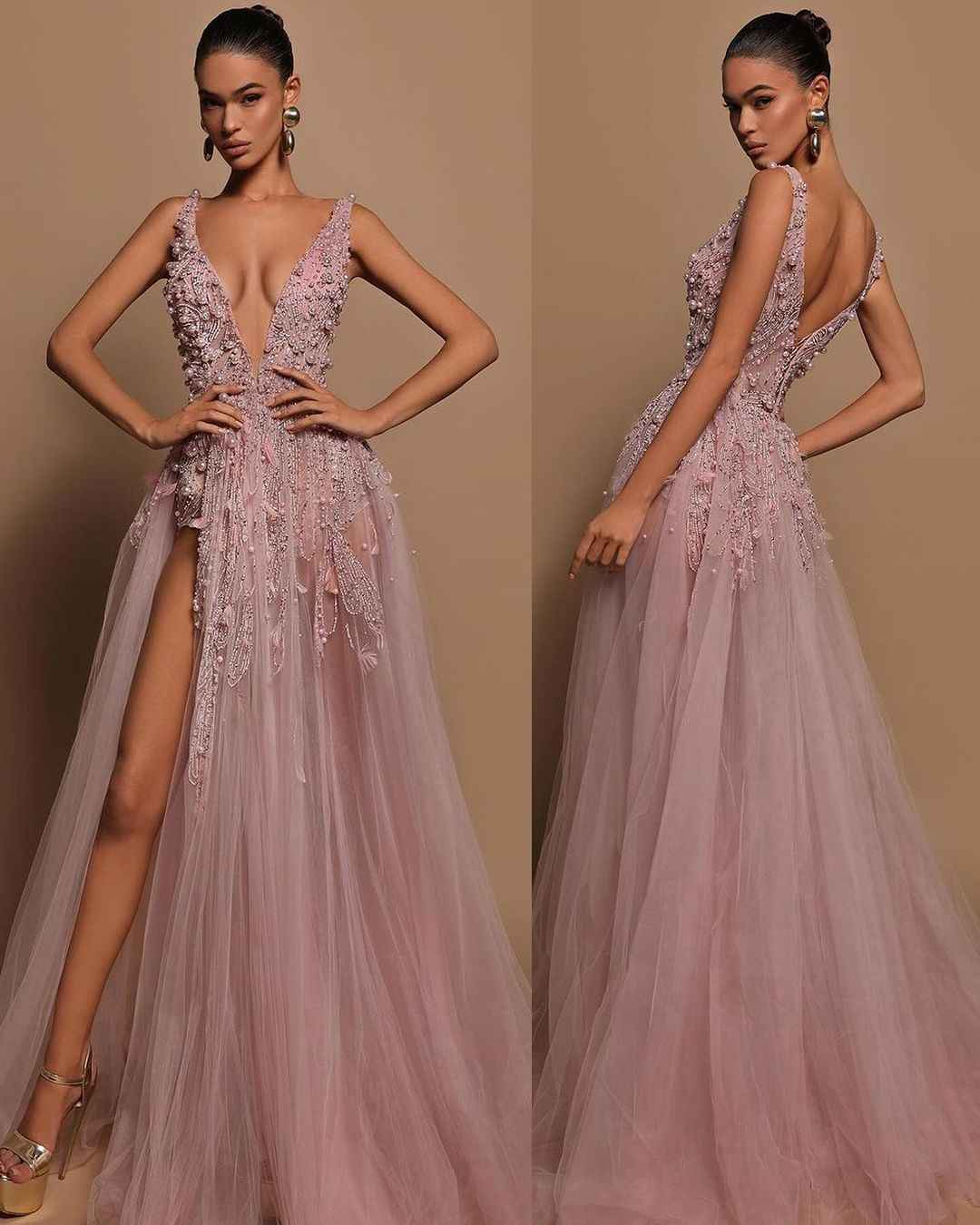 Gorgeous Tulle Straps V Neck Sleeveless High Split Prom Dress with Beadings
