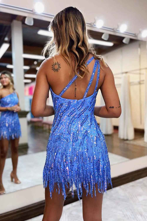 Sparkly Blue Tight One Shoulder Short Sequins Homecoming Dress with Tassel