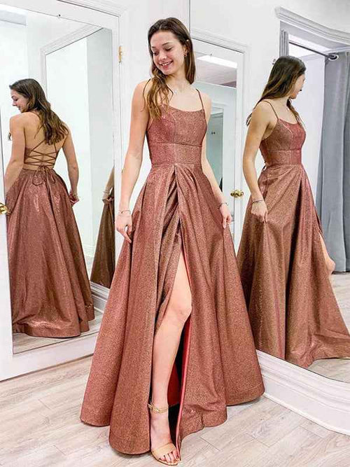 Brown A Line Spaghetti Straps Sequin Long Prom Dress with Slit BMBRIDE