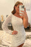 White Beaded Sequins One Shoulder Tight Homecoming Dress Bmbride