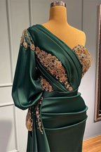 Dark Green One-Shoulder Beaded Mermaid Prom Dress with Appliques BM bride