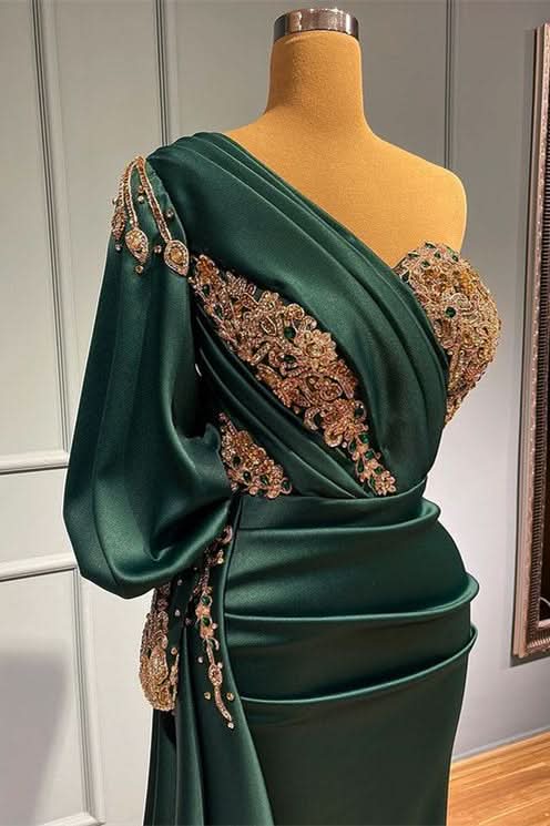 Dark Green One-Shoulder Beaded Mermaid Prom Dress with Appliques BM bride
