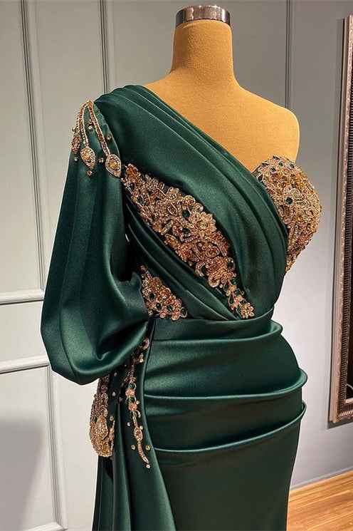 Dark Green Beadings One Shoulder Mermaid Long Prom Dress With Appliques