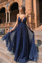 Dark Navy Spaghetti-Straps Sequins Prom Dress BM bride