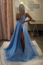 Blue Lace-Up V Neck Spaghetti Strap Long Prom Dress With Slit