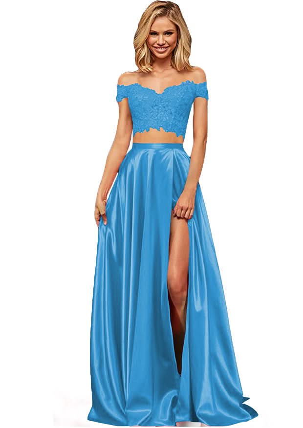 Off-the-Shoulder Two Pieces Prom Dress with Appliques and Slit BM bride
