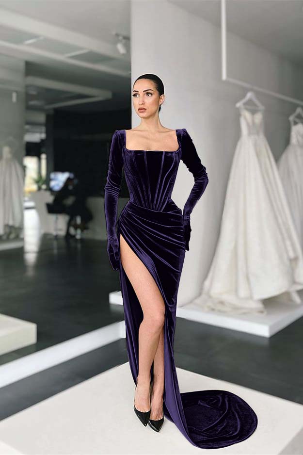 Stunning Square Neck Long Sleeves Pleated Long Prom Dress With Side Split BMBRIDE