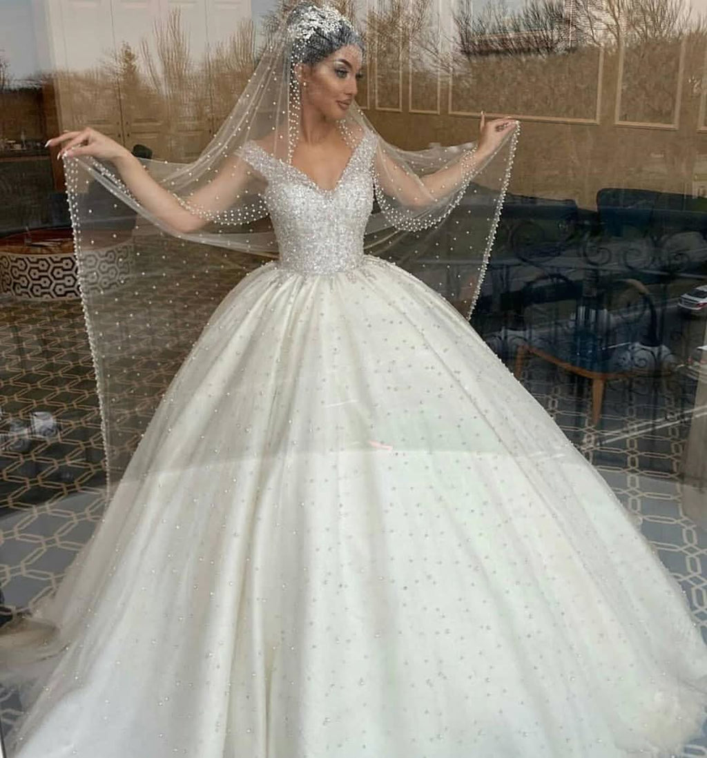 Sweetheart Off-the-Shoulder Backless Ball Gown Wedding Dress with Pearl Beading and Ruffles BM bride
