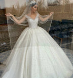Sweetheart Off-the-Shoulder Backless Ball Gown Wedding Dress with Pearl Beading and Ruffles BM bride
