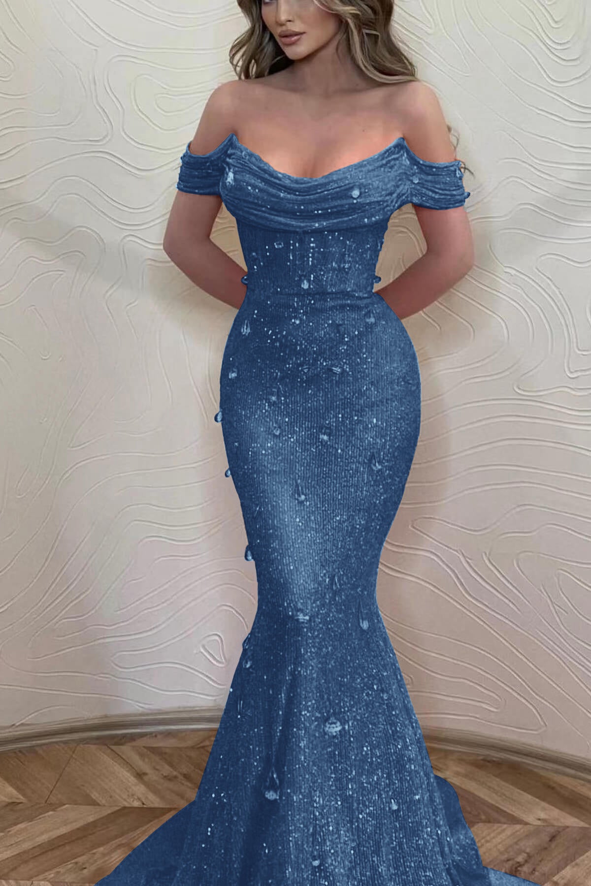 Orange Off the Shoulder Strapless Sleeveless Prom Dress With Sequins Mermaid BMBRIDE