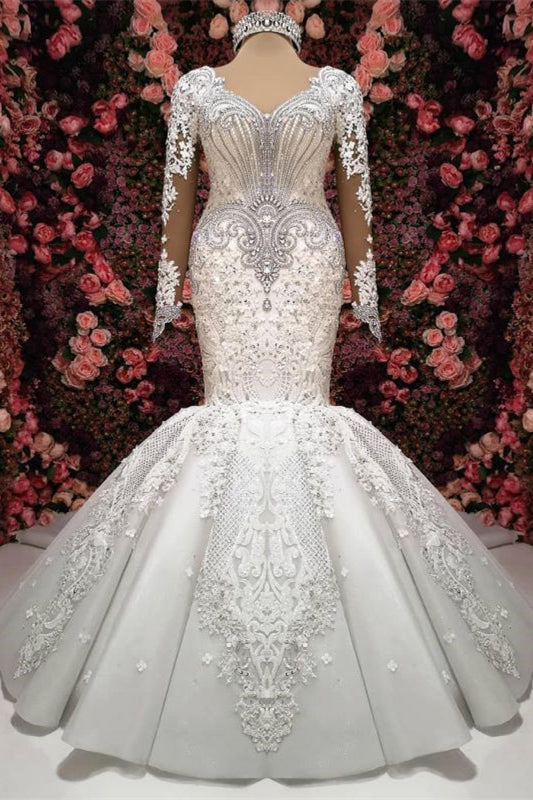 Elegant Sweetheart Long Sleeve Lace Mermaid Wedding Dress with Beading BM bride