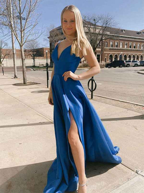 Blue A Line V-Neck Spaghetti Straps Long Prom Dress with Slit BMBRIDE