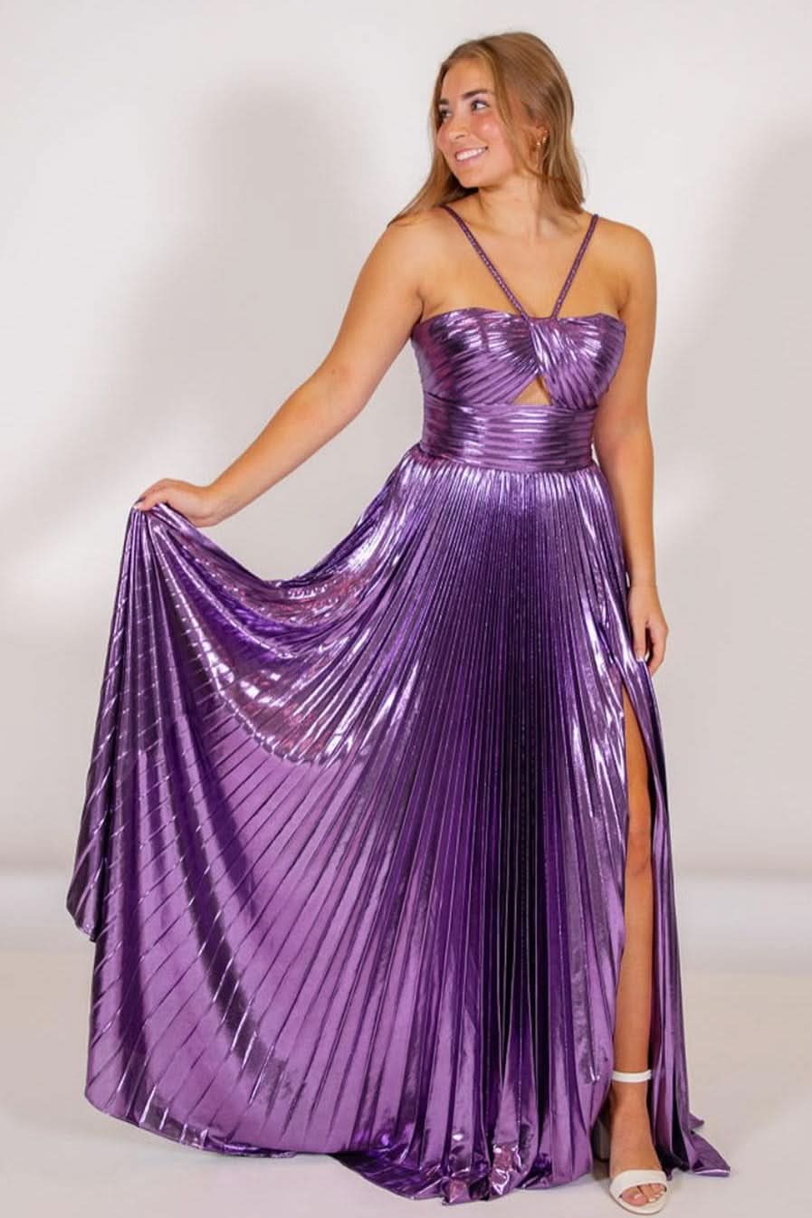 Modern Metallic Keyhole Spaghetti Strap Long Prom Dress with Slit BM bride