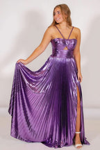 Modern Metallic Keyhole Spaghetti Strap Long Prom Dress with Slit BM bride