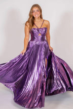 Modern Metallic Keyhole Spaghetti Strap Long Prom Dress with Slit BM bride