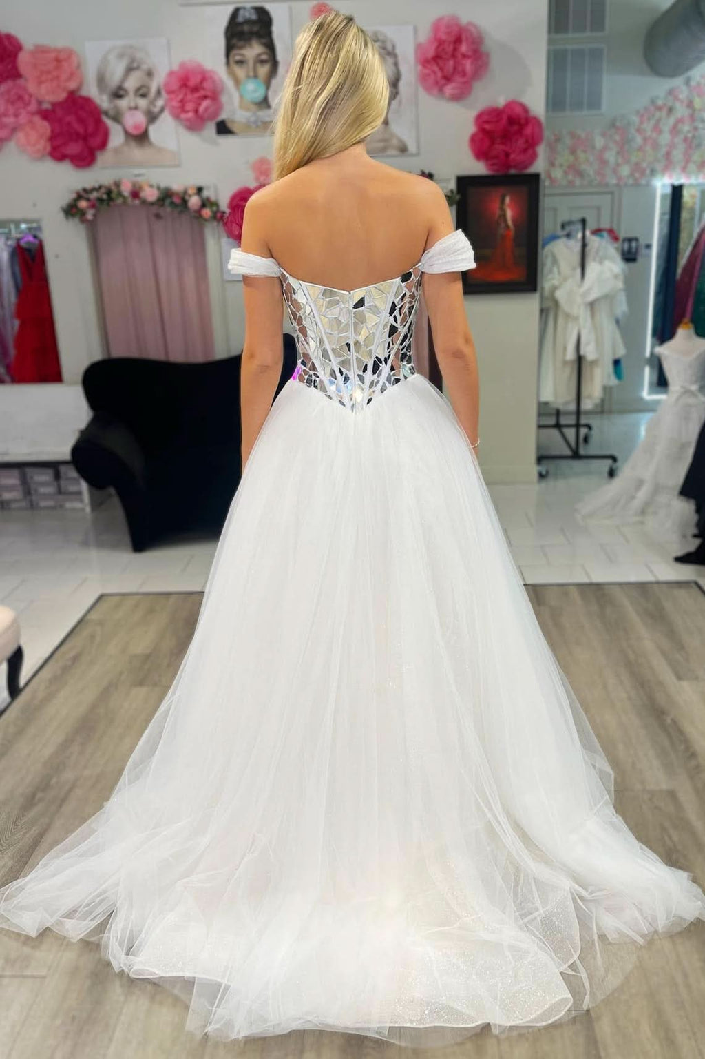 Dazzling A-Line Off-the-Shoulder Sequins Tulle Prom Dress BM bride