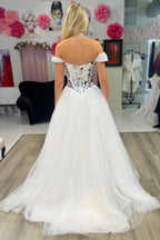 Dazzling A-Line Off-the-Shoulder Sequins Tulle Prom Dress BM bride