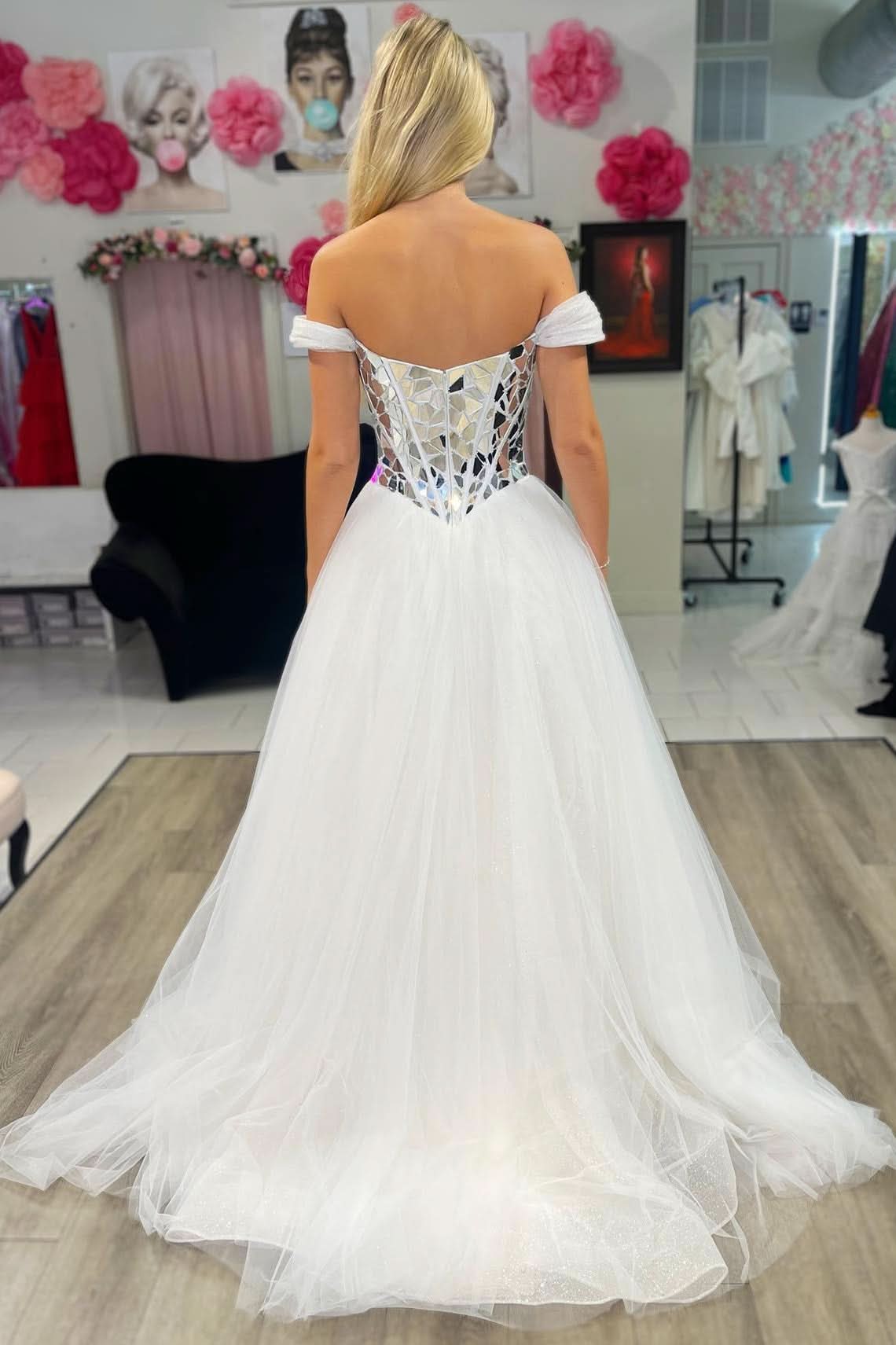 Dazzling A-Line Off-the-Shoulder Sequins Tulle Prom Dress BM bride