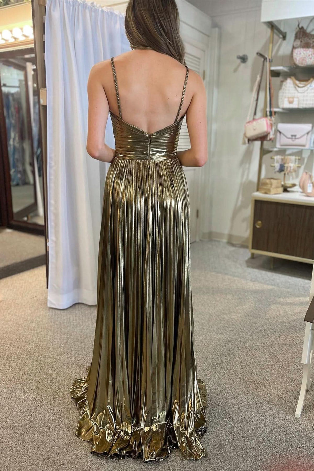 Modern Metallic Keyhole Spaghetti Strap Long Prom Dress with Slit BM bride
