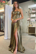 Modern Metallic Keyhole Spaghetti Strap Long Prom Dress with Slit BM bride