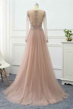 V Neck Long Sleeves Prom Dress Tulle Ruffles With Beading Appliques
