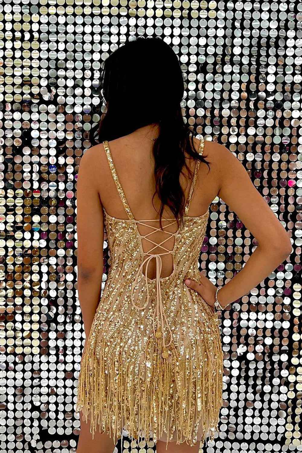 Sparkly Gold Spaghetti Straps Sequins Tight Short Hoco Dress with Fringes Bmbride