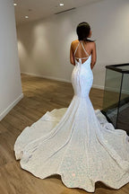 Fantasy White Sleeveless V Neck Halter Evening Dress with Sequins BM bride