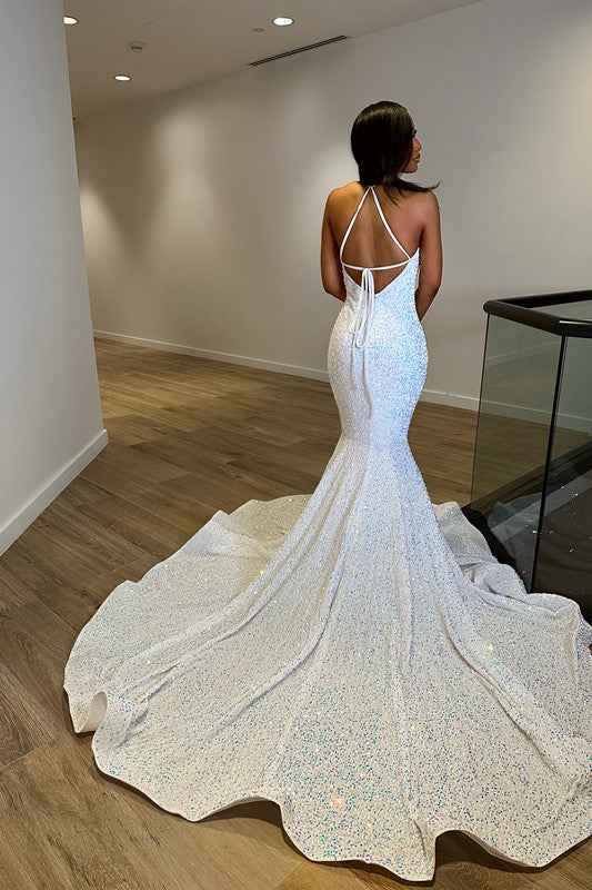 White Deep V Neck Laser Light Sleeveless Mermaid Princess Prom Dress Trumpet Open Back