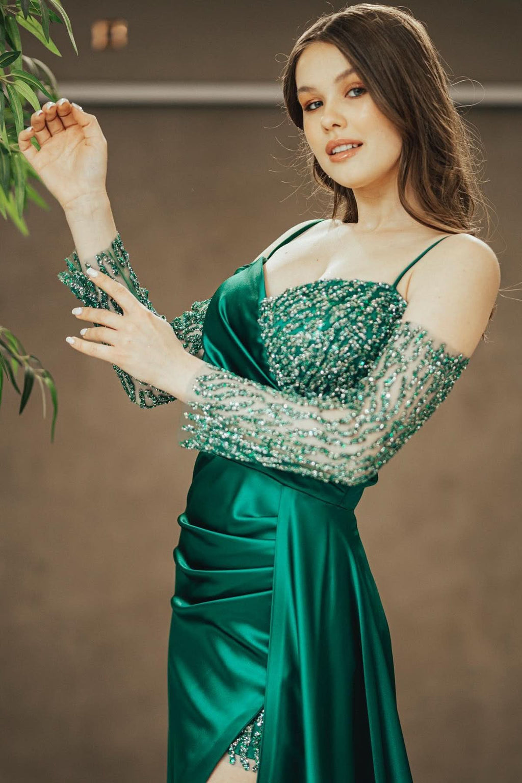 Emerald Spaghetti-Strap Off-the-Shoulder Sequined Prom Dress with Pleated Slit BM bride