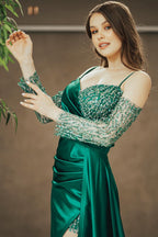 Emerald Spaghetti-Strap Off-the-Shoulder Sequined Prom Dress with Pleated Slit BM bride